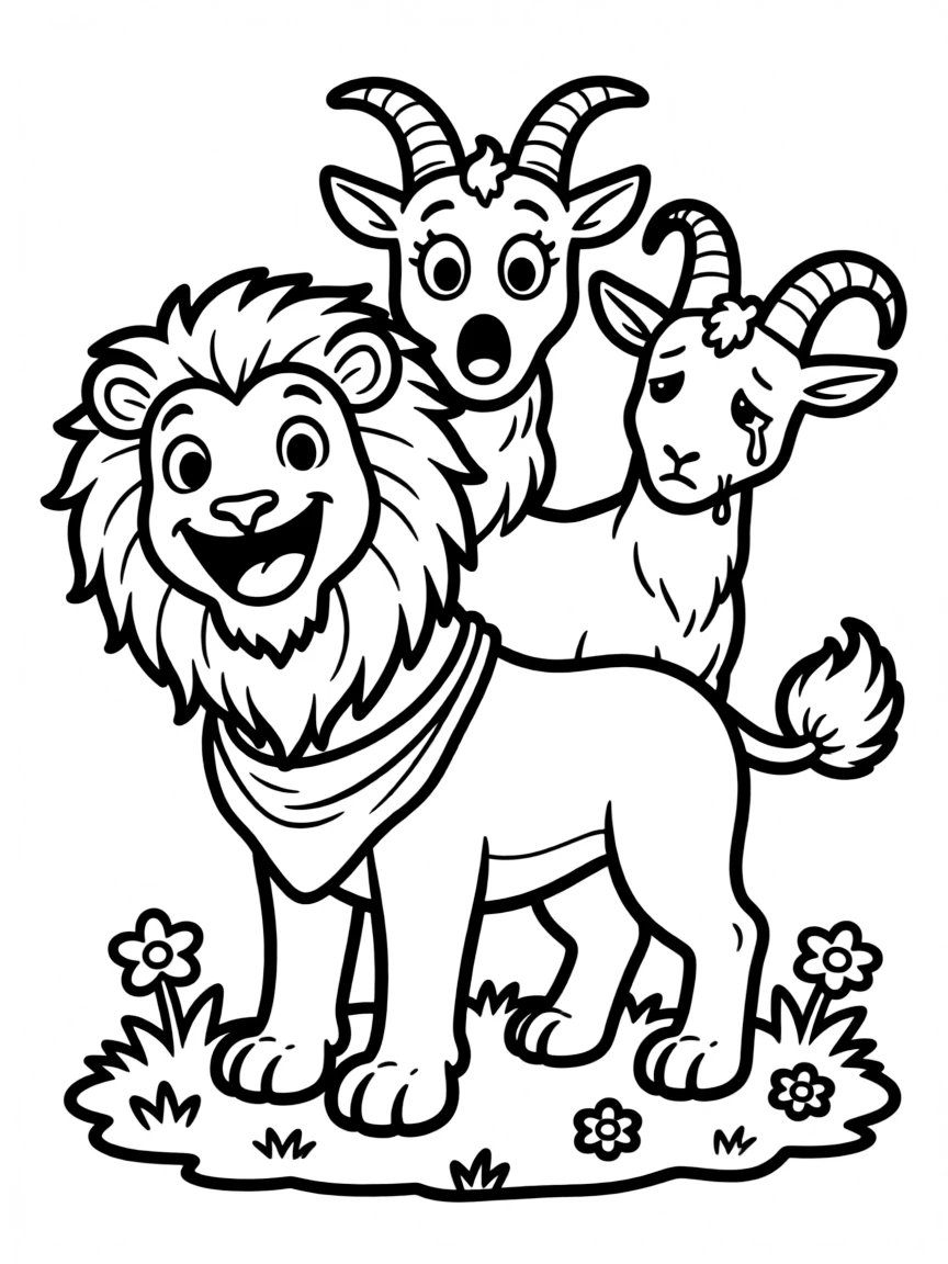 A chimera with each head showing a different emotion