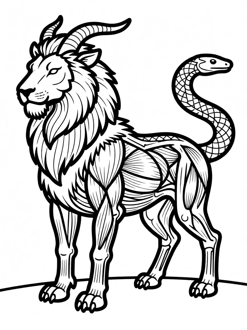 A chimera with each part showing distinct muscle structure
