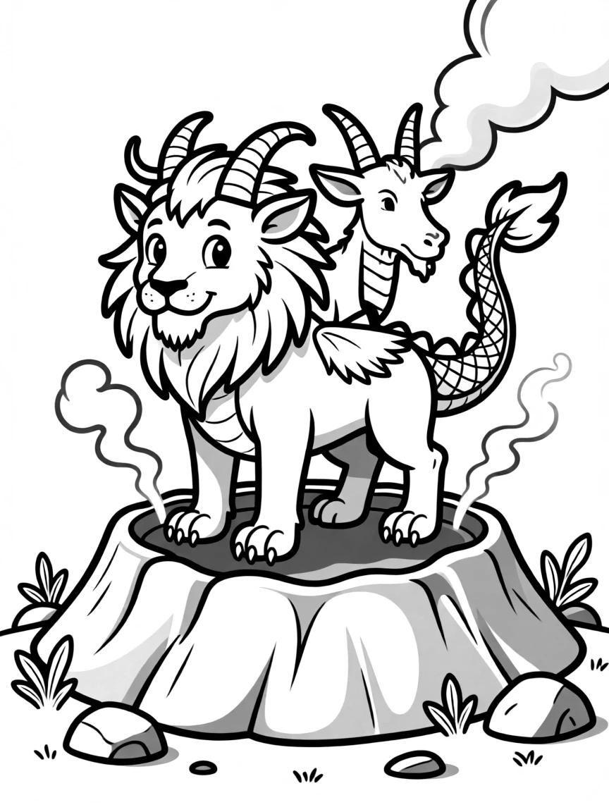 A chimera emerging from a volcanic crater, partially in shadow