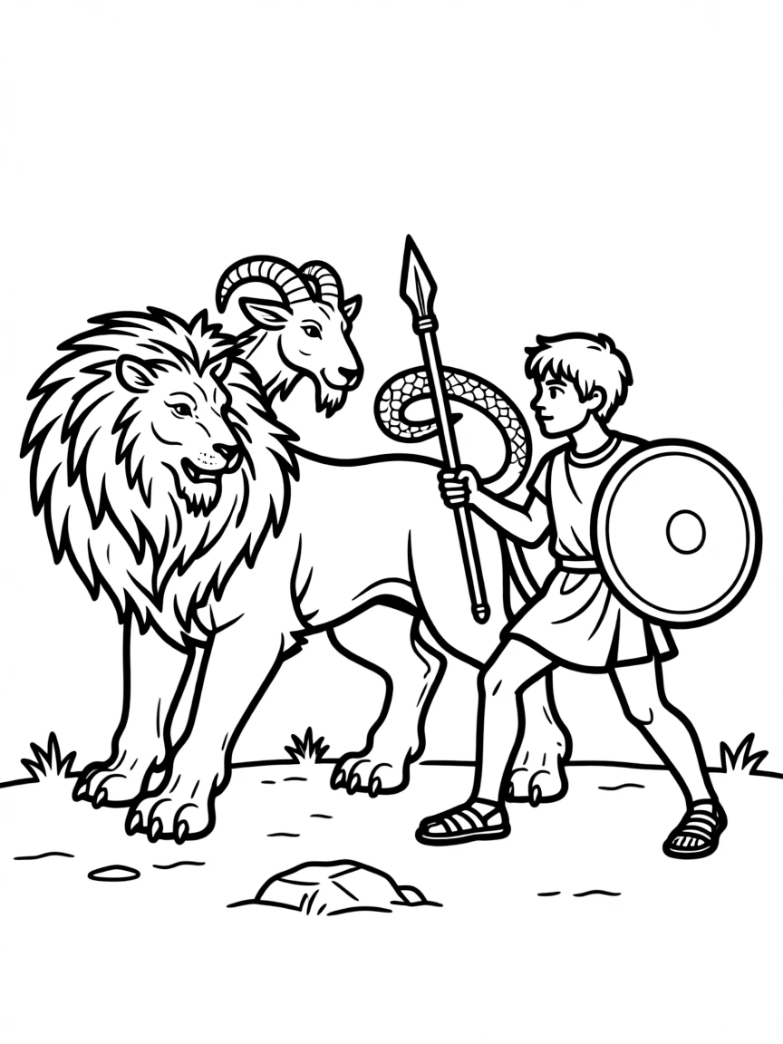 A chimera fighting a hero in classical Greek style