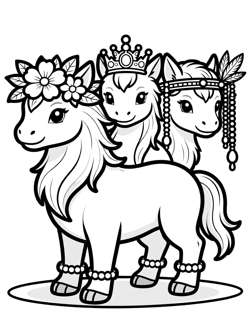 A chimera with each head wearing different decorative elements