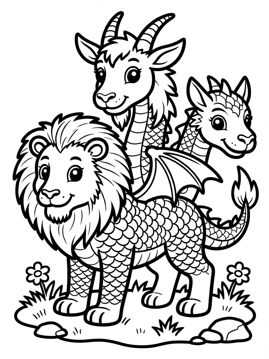 A chimera with all three heads looking in different directions