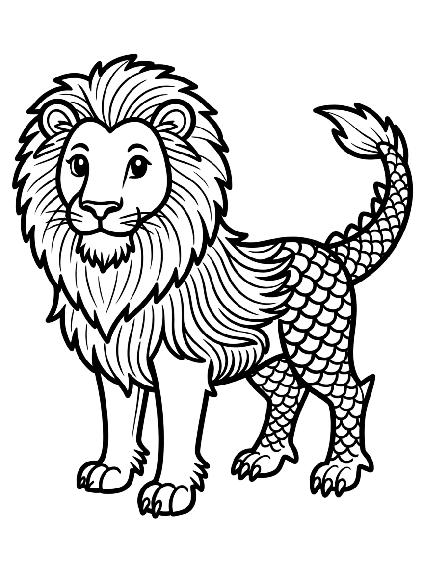 A chimera showing the distinct fur, hair, and scale textures