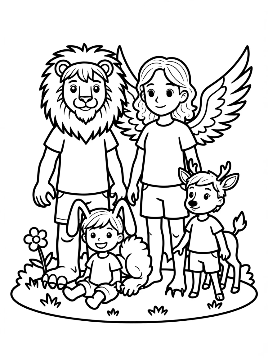 A chimera family with young showing different combinations of parts