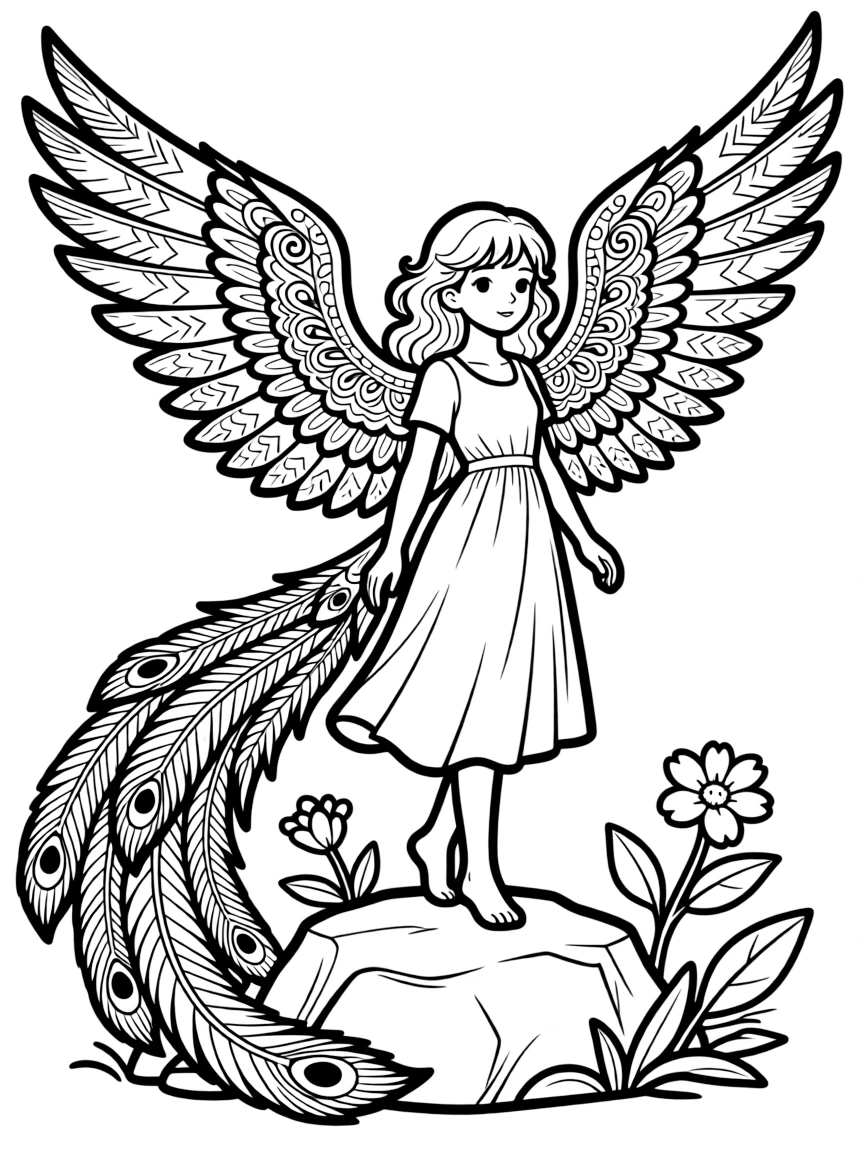 A harpy with intricately patterned wings and tail feathers