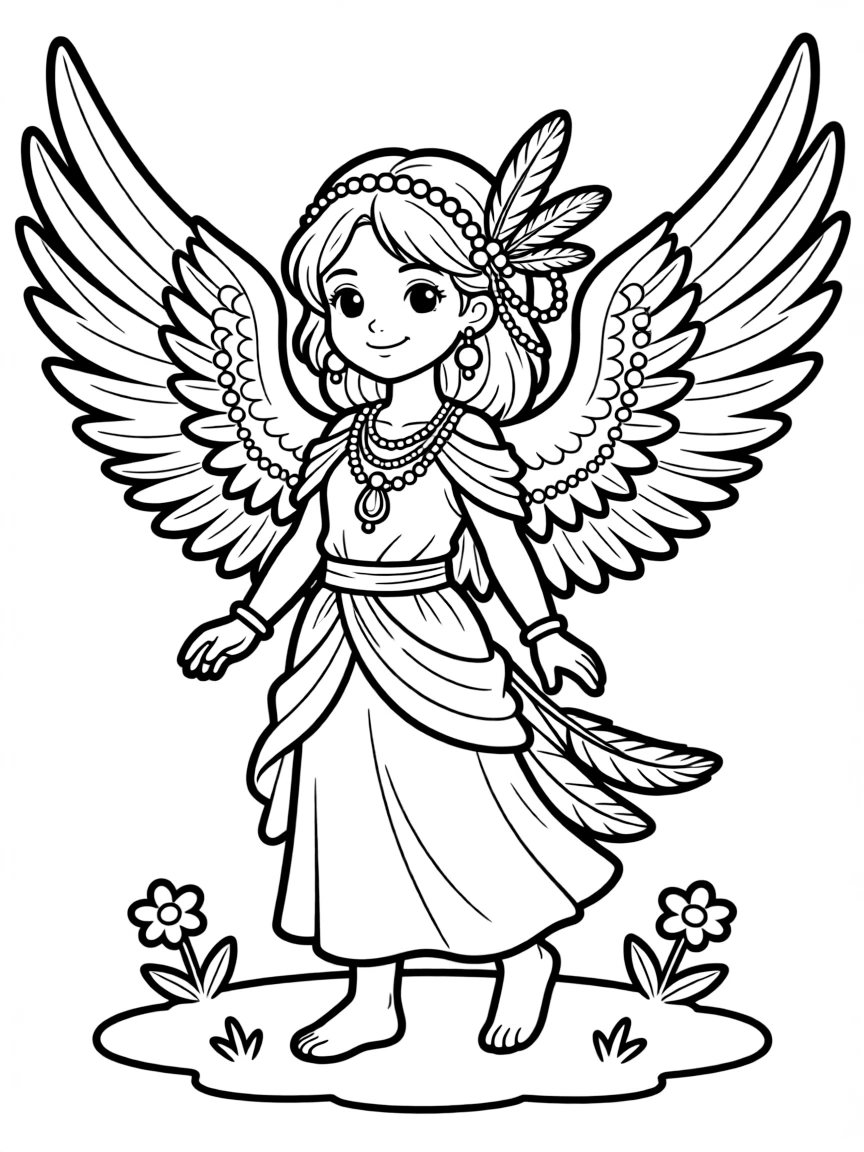 A harpy with jewelry and decorative items woven into feathers