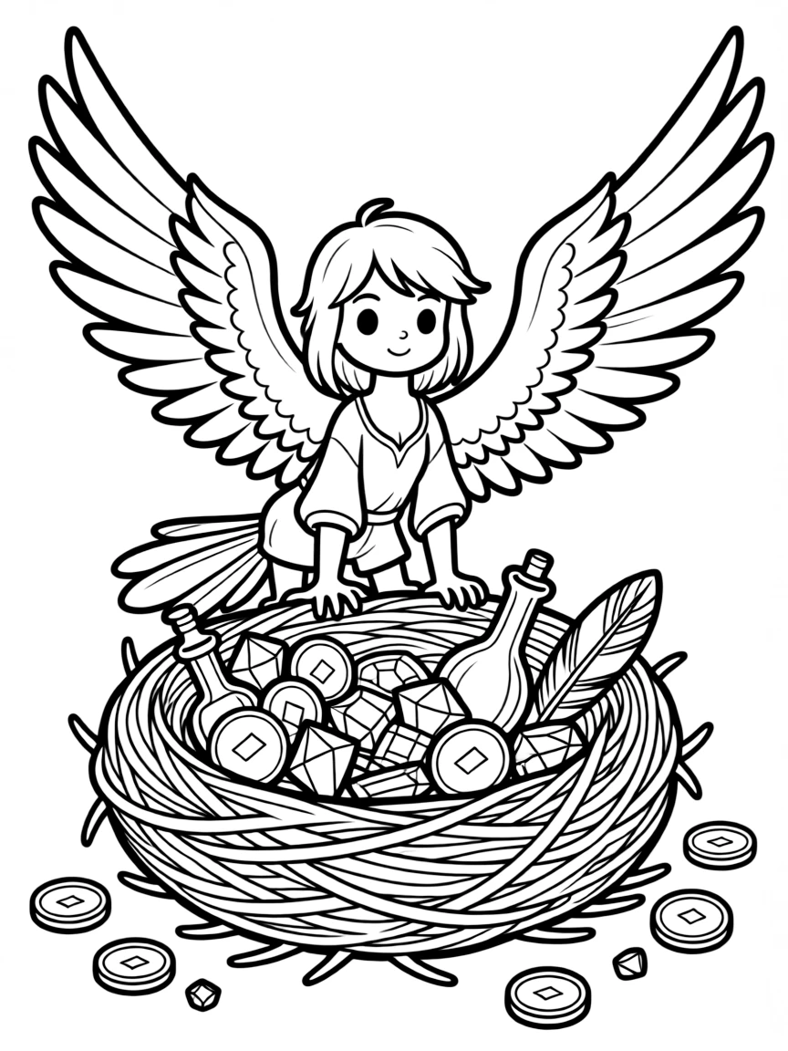A harpy with a nest made of unusual objects and treasures