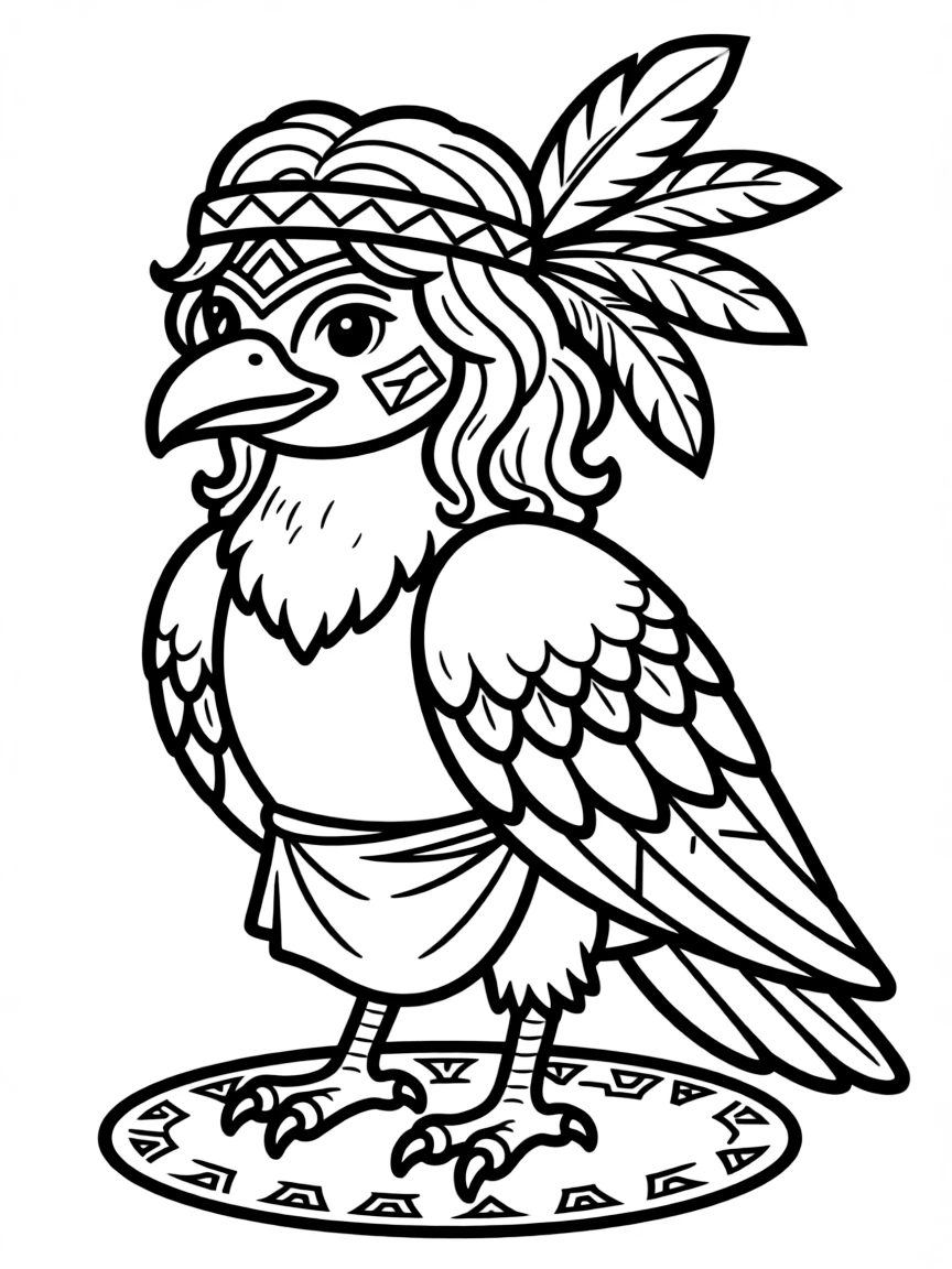 A harpy with tribal face paint and feather decorations