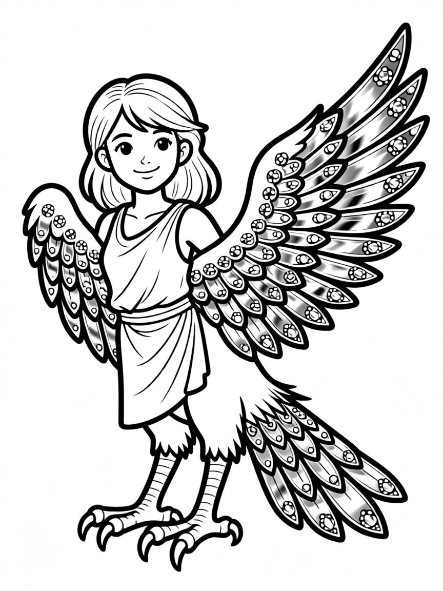 A harpy with feathers that seem to be made of metal or jewels