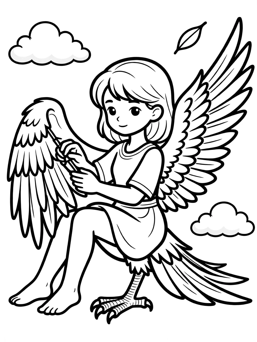 A harpy grooming her wing feathers in a detailed pose