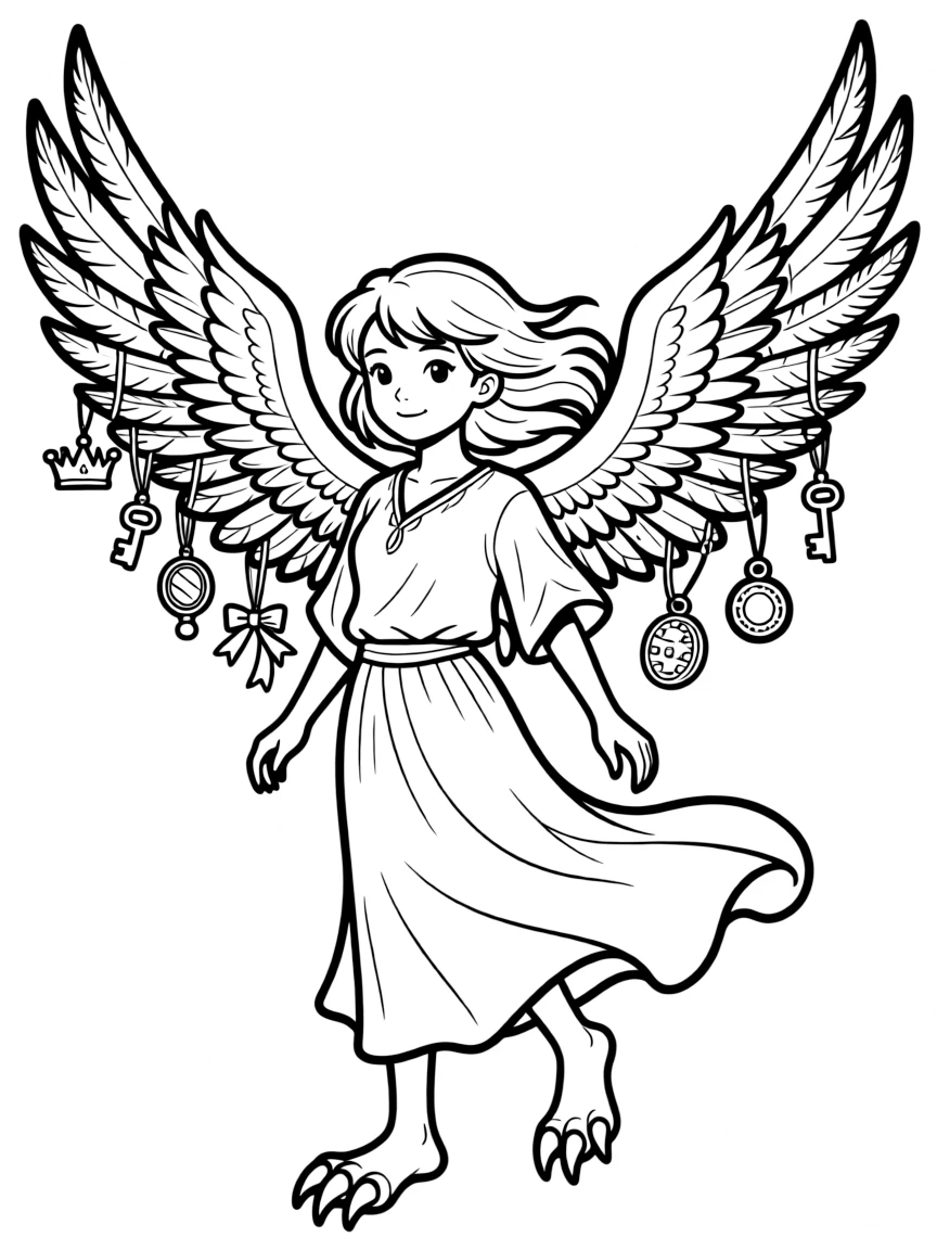 A harpy with various stolen trinkets attached to her wings