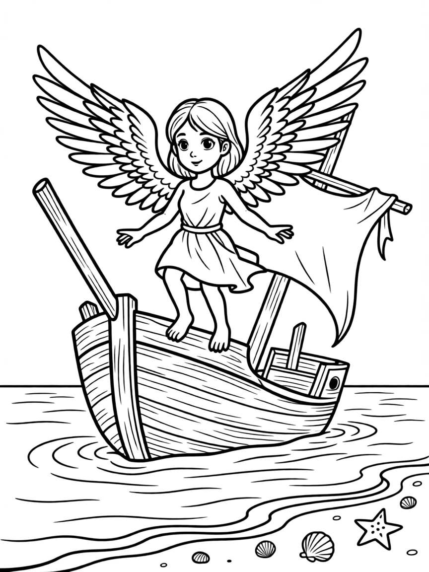 A harpy perched on a shipwreck jutting from the sea