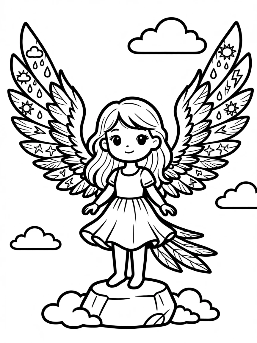 A harpy with weather-related patterns in her feathers