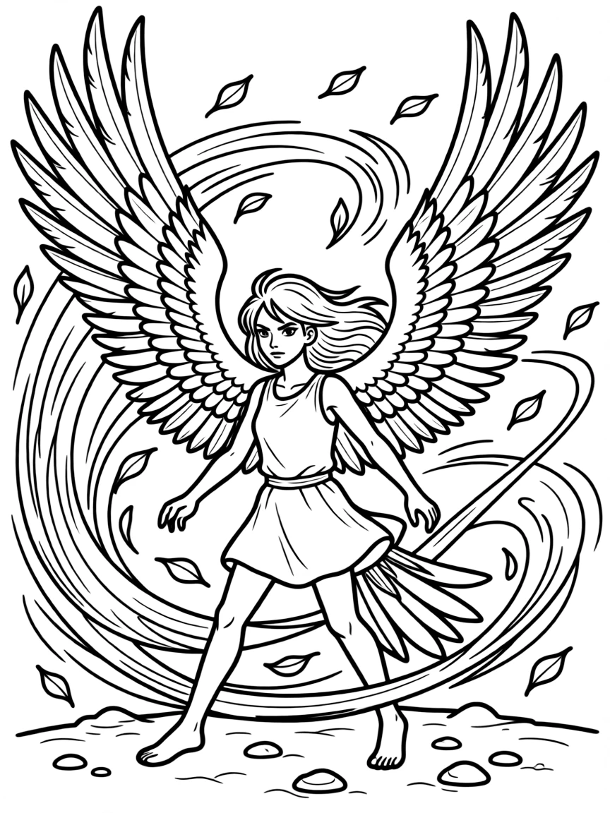A harpy using her wings to create a powerful windstorm