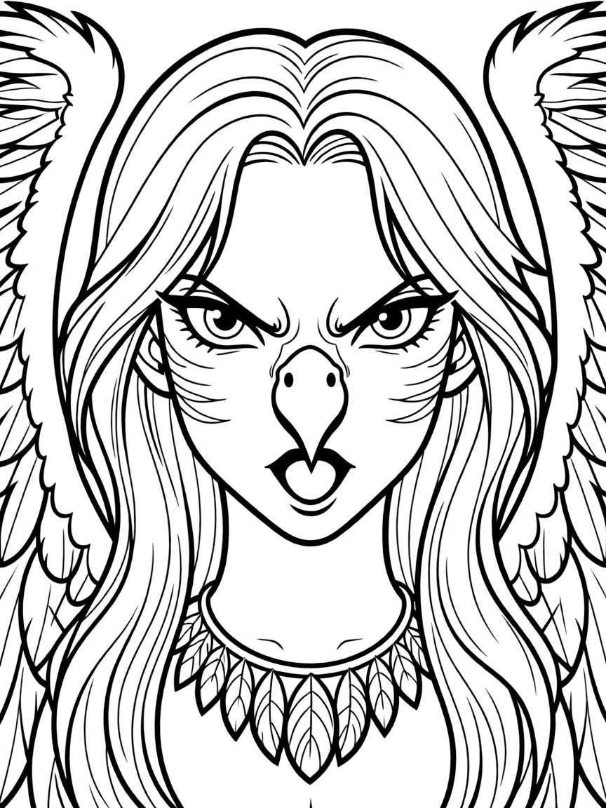 A harpy's face in close-up, showing both beautiful and fierce aspects