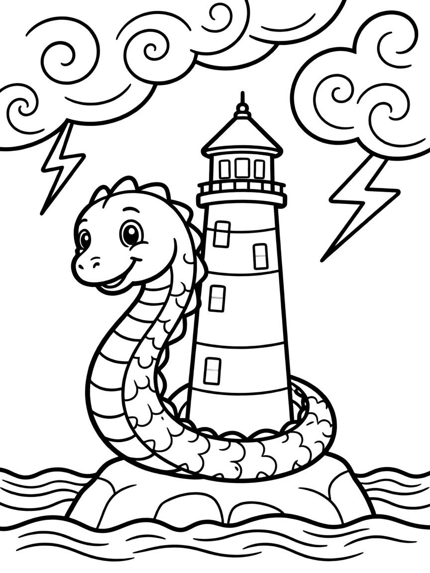 A sea serpent coiled around a lighthouse in a storm