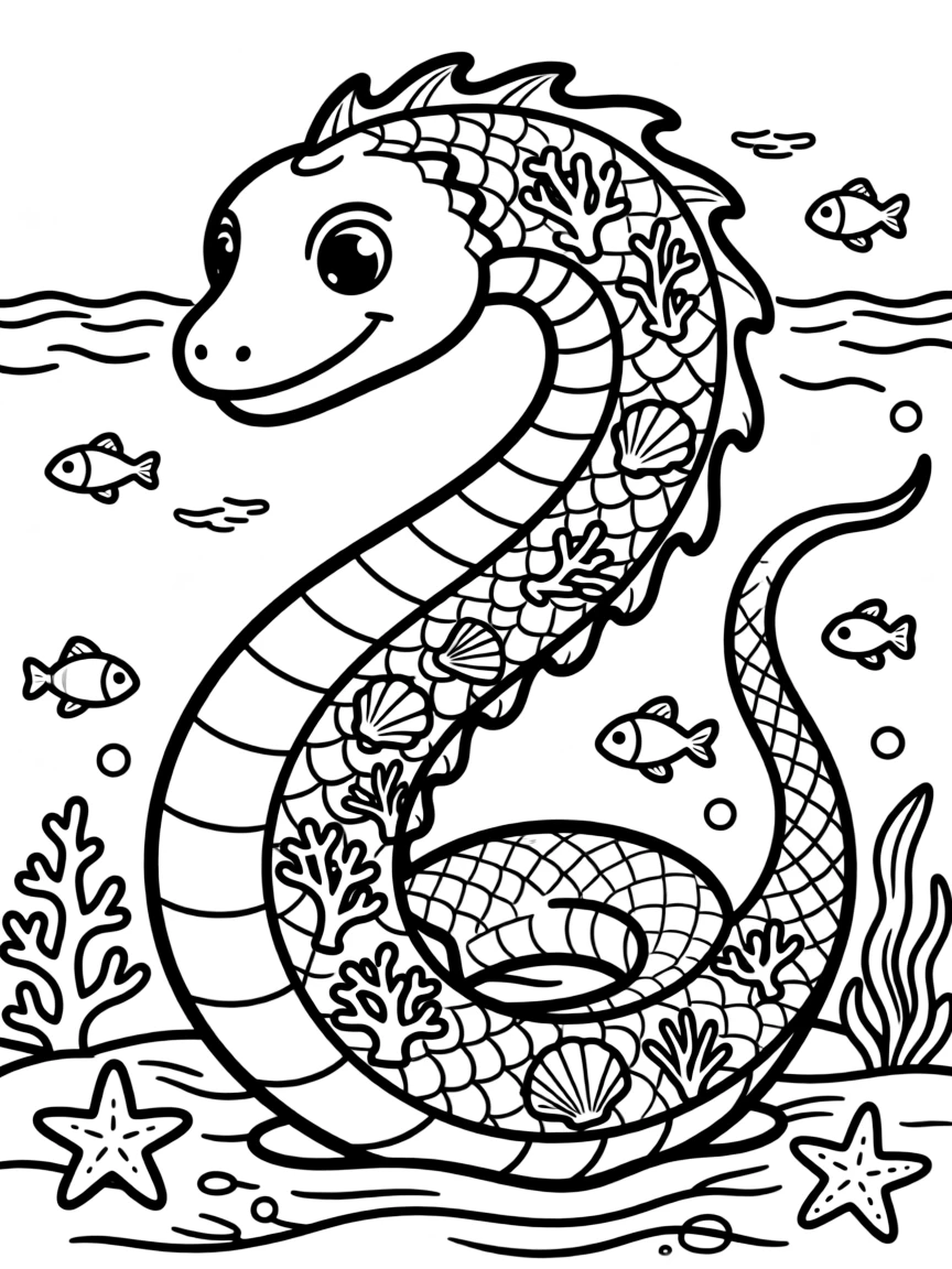 A sea serpent with coral and sea life growing on its ancient scales