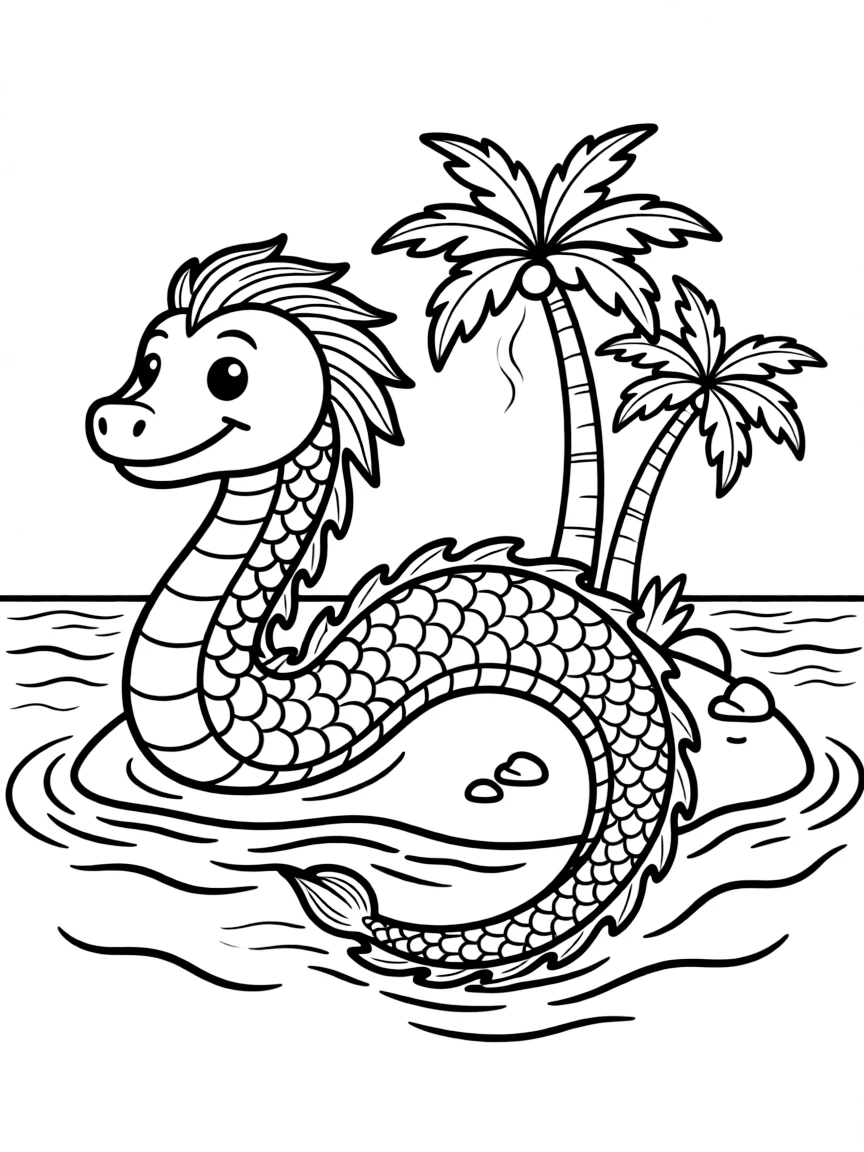 A sea serpent resting on an island, partly in and out of water