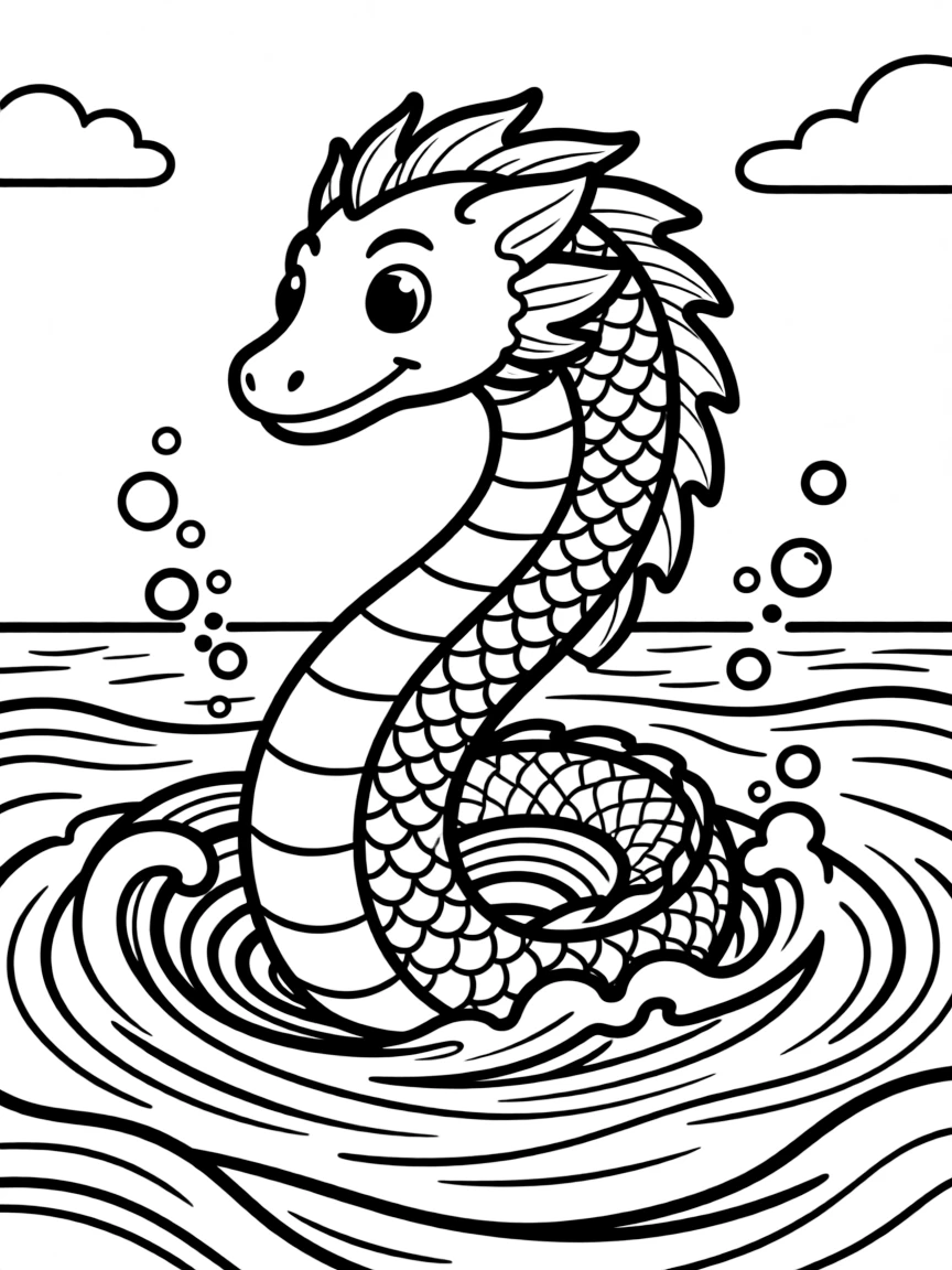 A sea serpent creating a giant whirlpool with its body