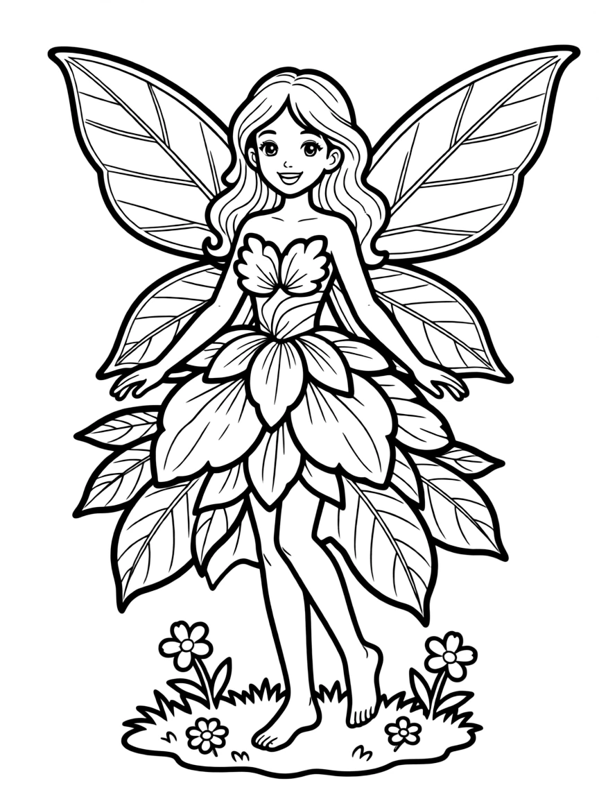A fairy with clothes made from flower petals and leaves