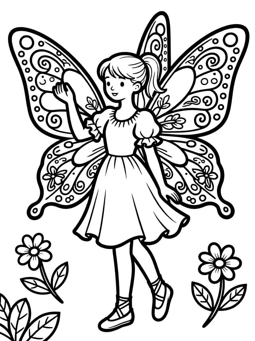A fairy with butterfly wings in elaborate color patterns