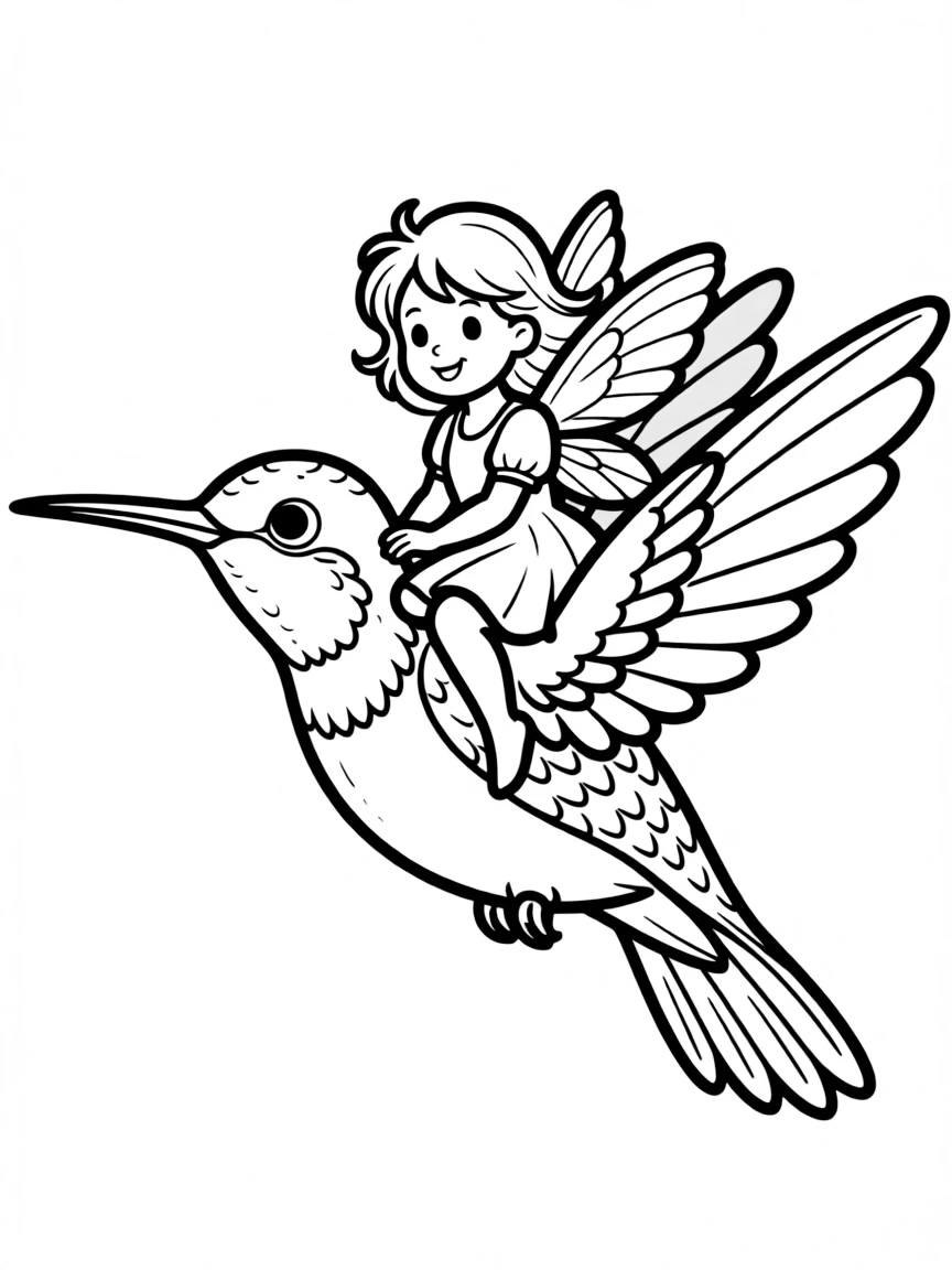 A fairy riding a hummingbird as a mount