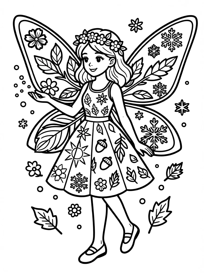 A fairy with seasonal themes in clothing and wings