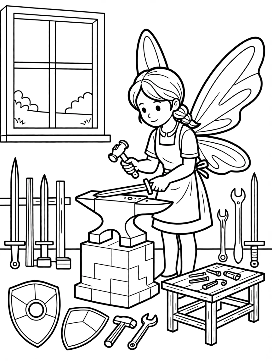 A fairy blacksmith creating tiny weapons and tools