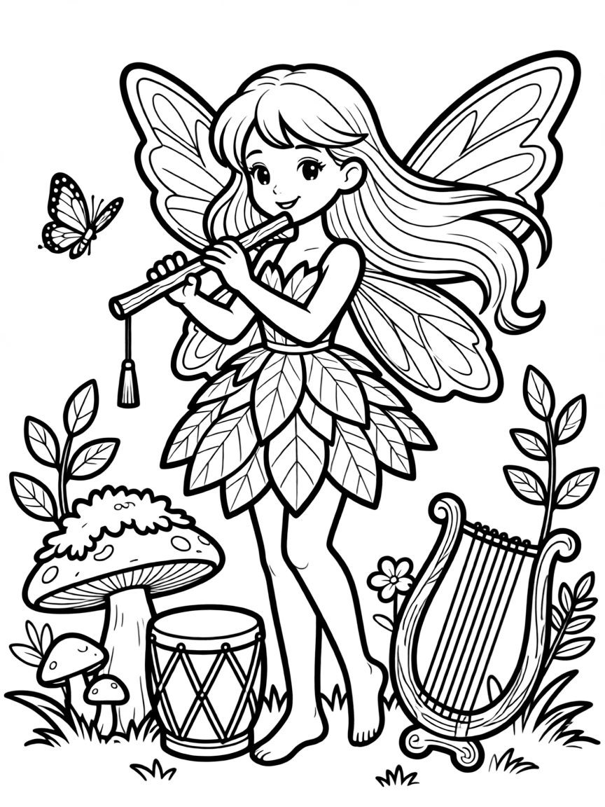 A fairy with musical instruments made from natural objects