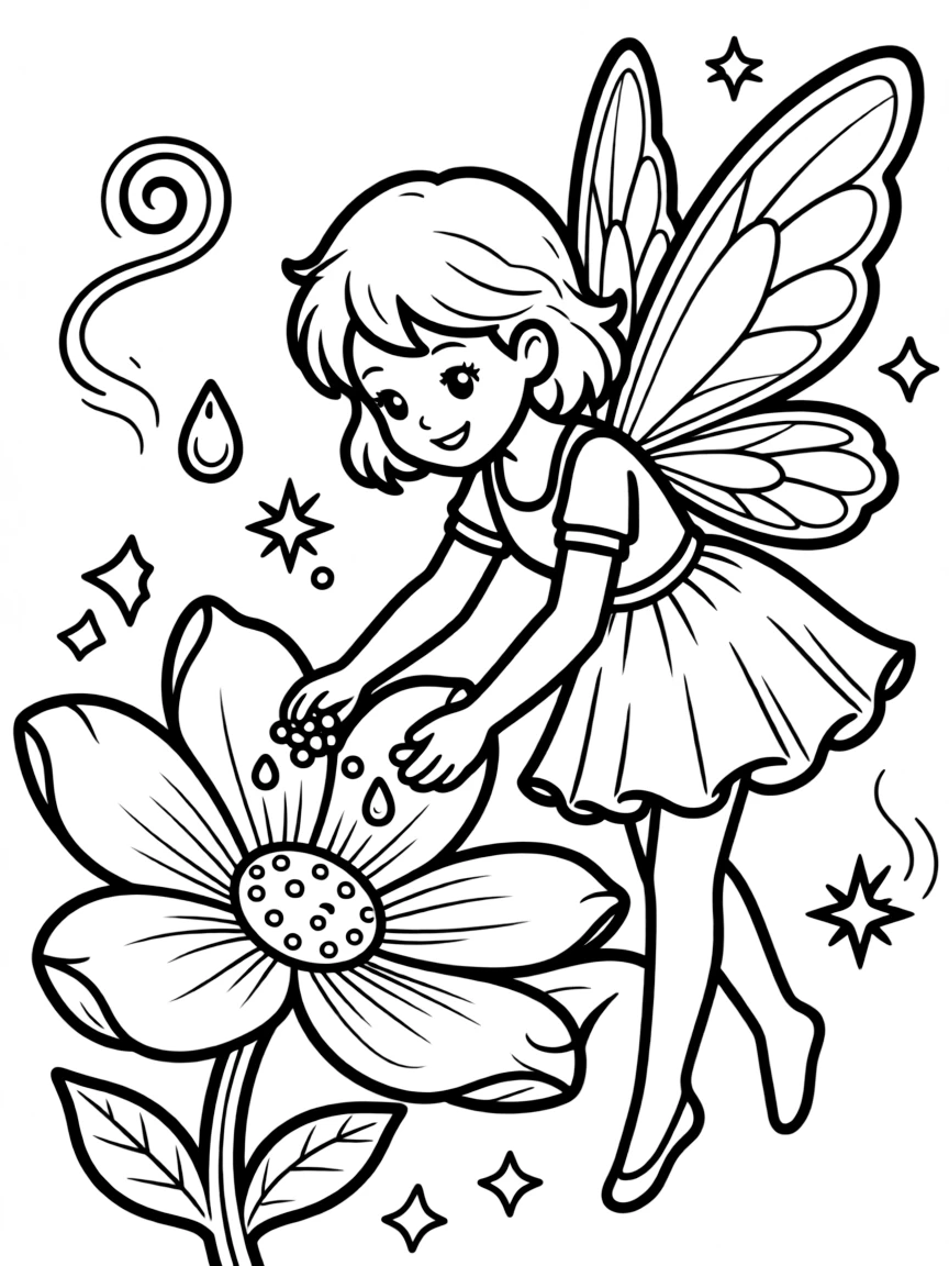 A fairy creating art by arranging pollen and dewdrops