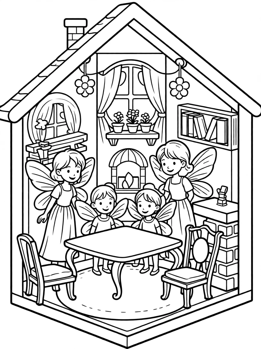 A fairy family in their home with detailed furniture
