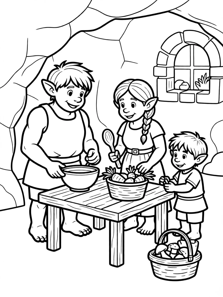 A troll family preparing a meal in their cave home