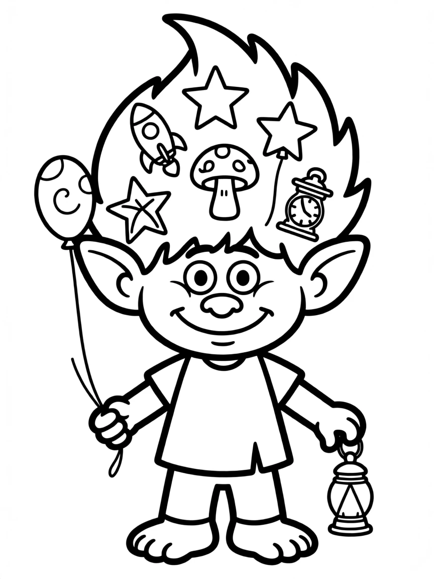 A troll with a collection of bizarre objects in its hair