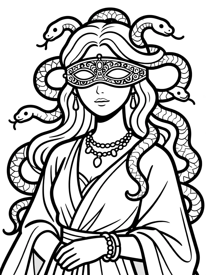 A gorgon with ornate blindfold and jewelry