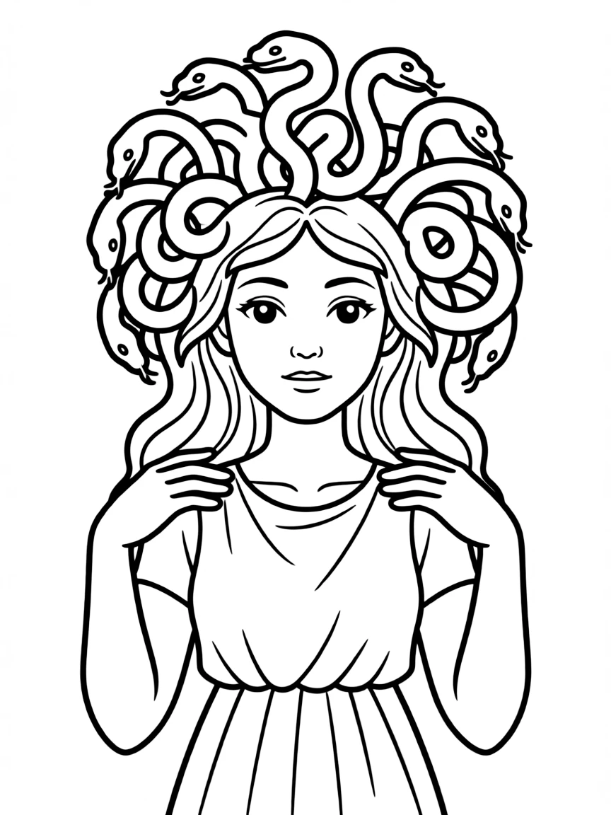 A gorgon with snakes forming an elaborate crown-like arrangement