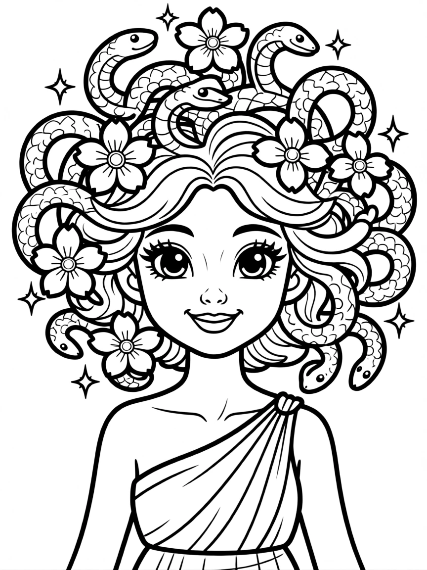 A gorgon whose snake hair is intertwined with flowers or jewels