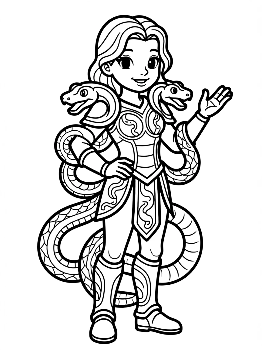 A gorgon with decorative snake-inspired armor on her body