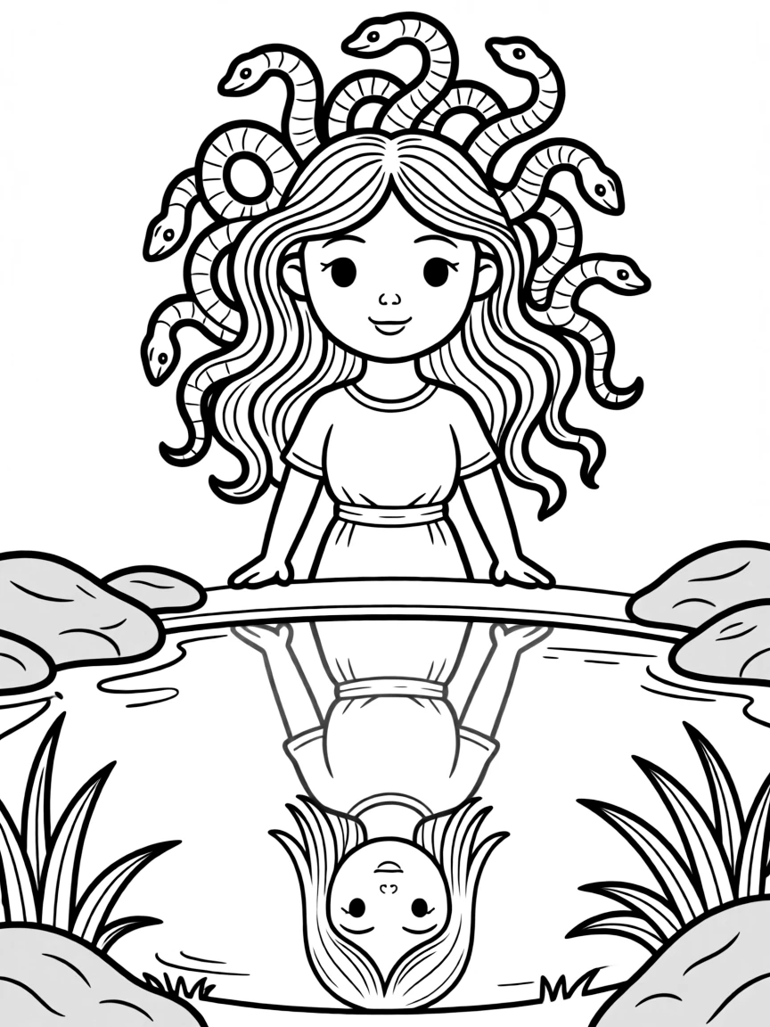 A gorgon whose reflection in water shows her original human form
