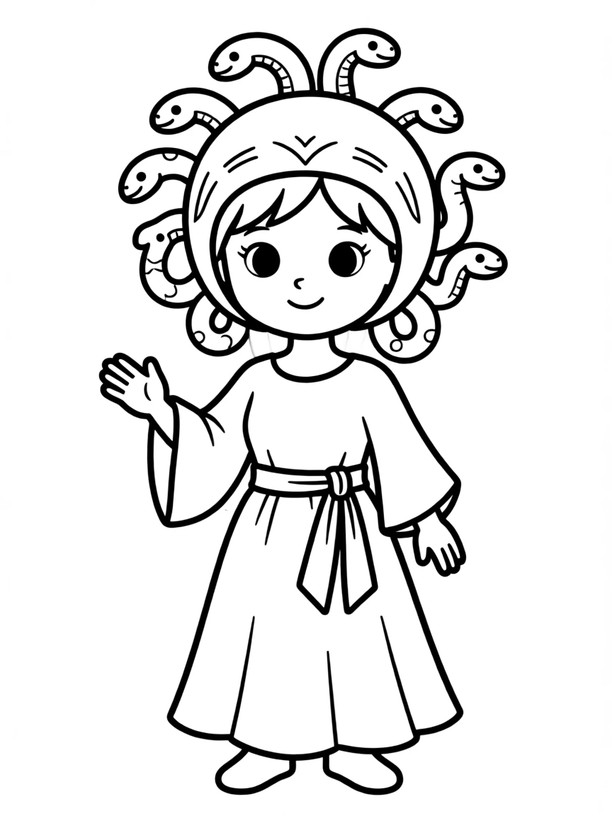 A gorgon wearing a helmet designed to accommodate her snake hair