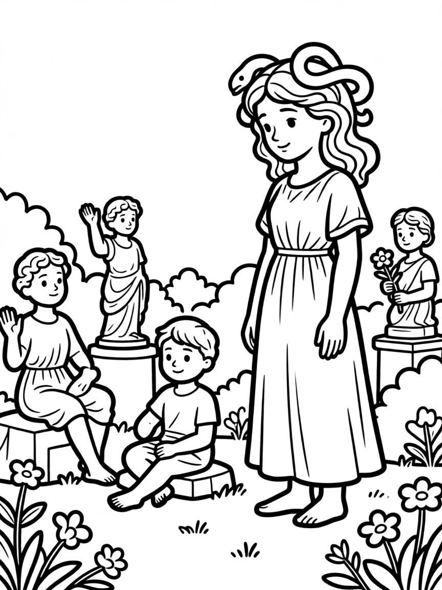 A gorgon with a garden of stone statues in different poses