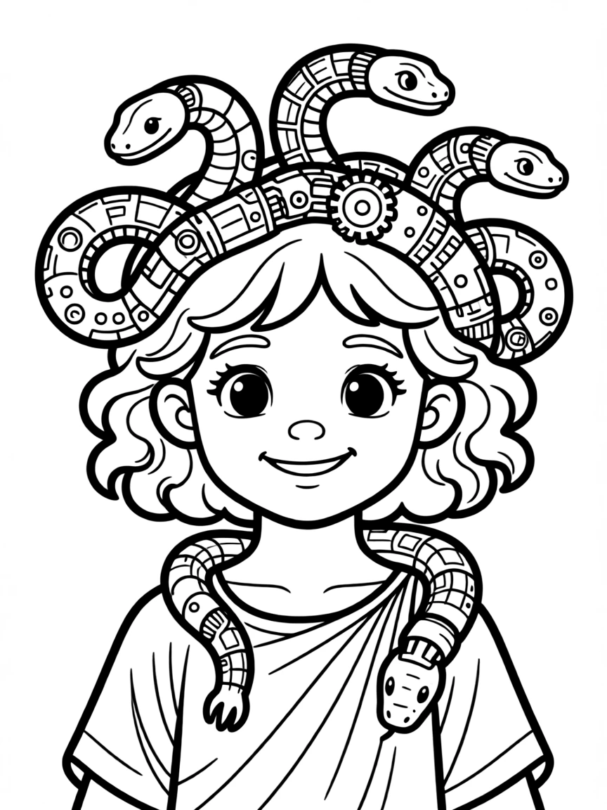 A gorgon with some mechanical or clockwork snakes among real ones
