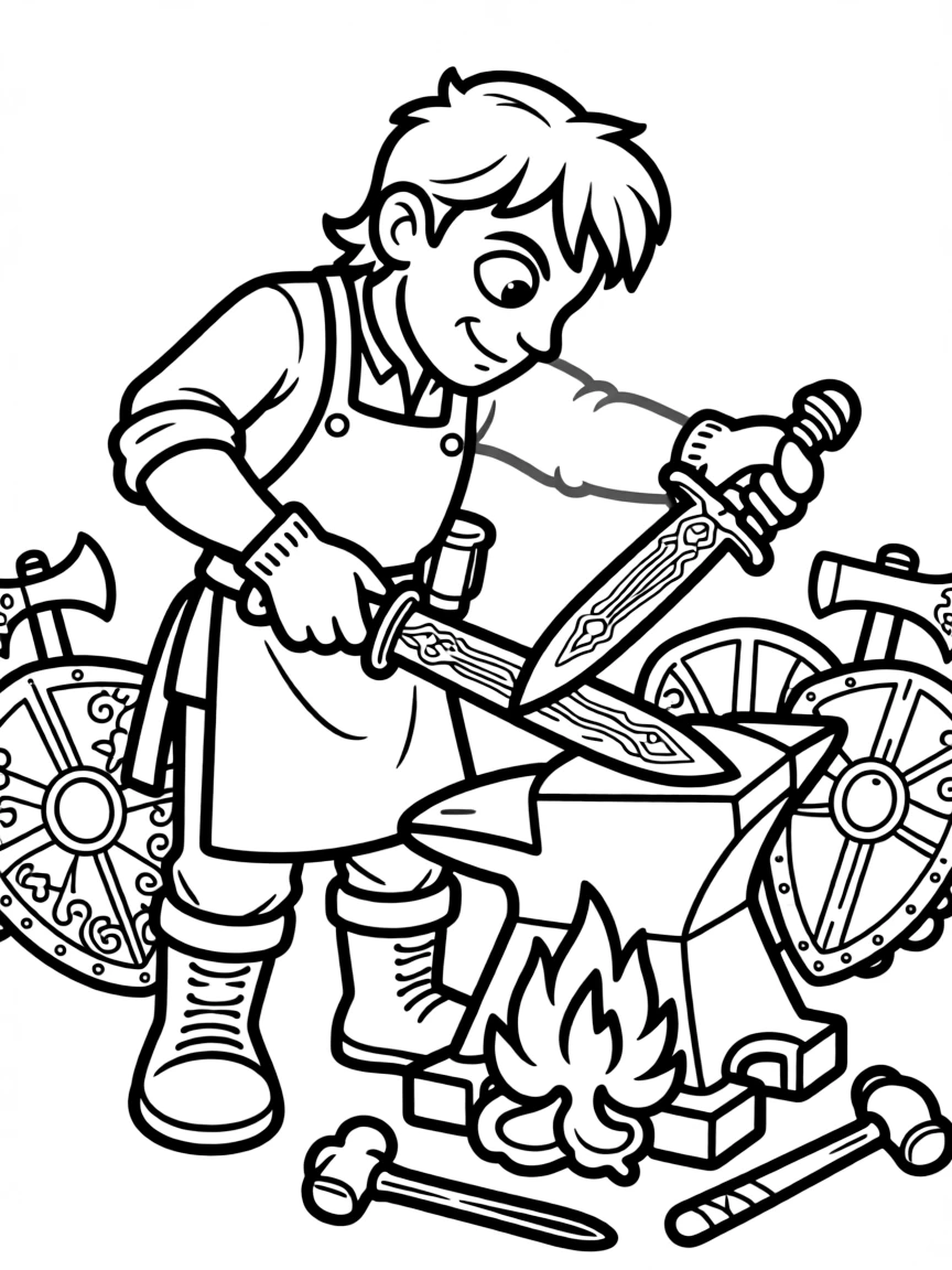 A cyclops blacksmith creating weapons with intricate designs