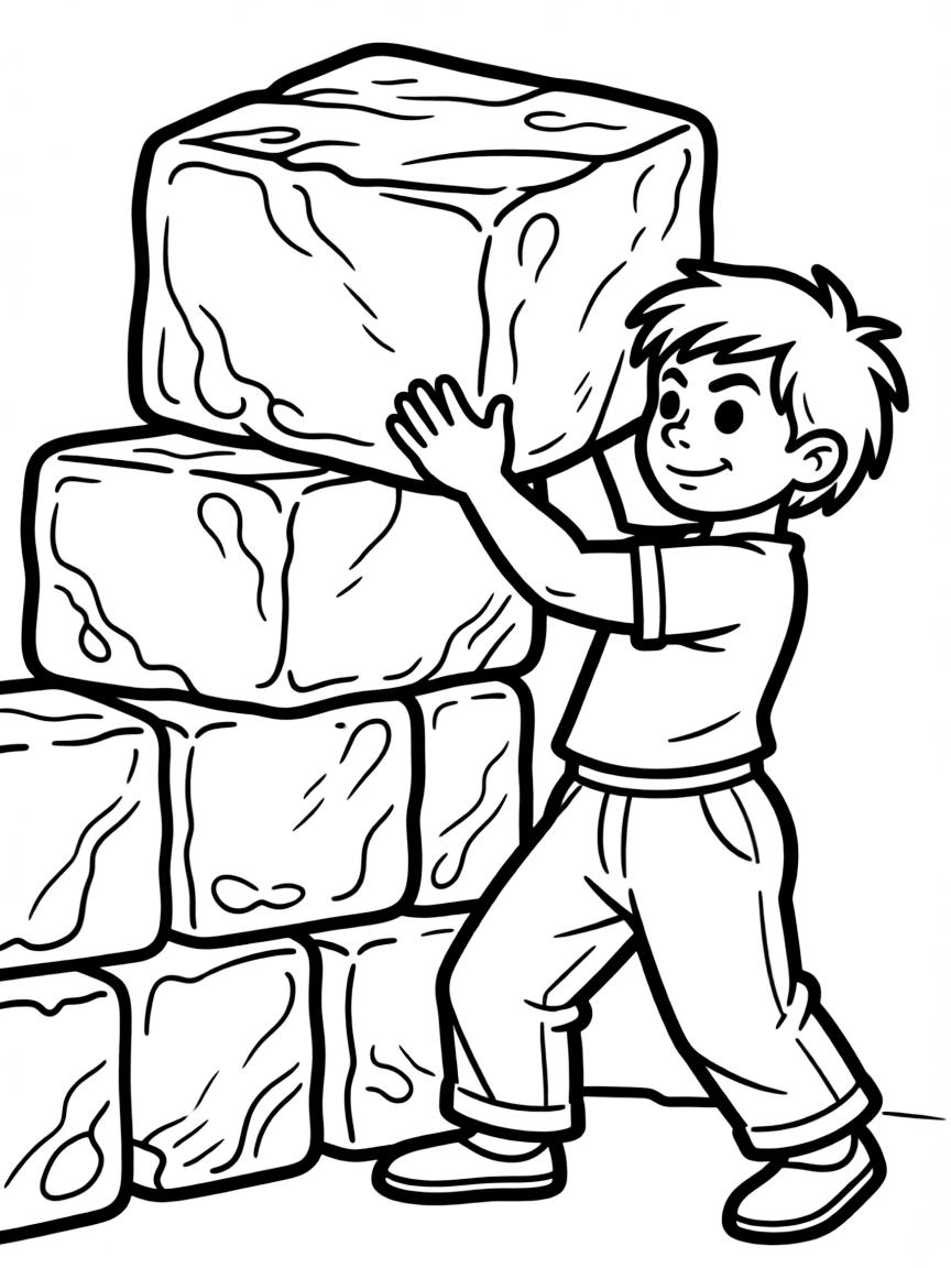 A cyclops building a stone wall with impossibly large blocks