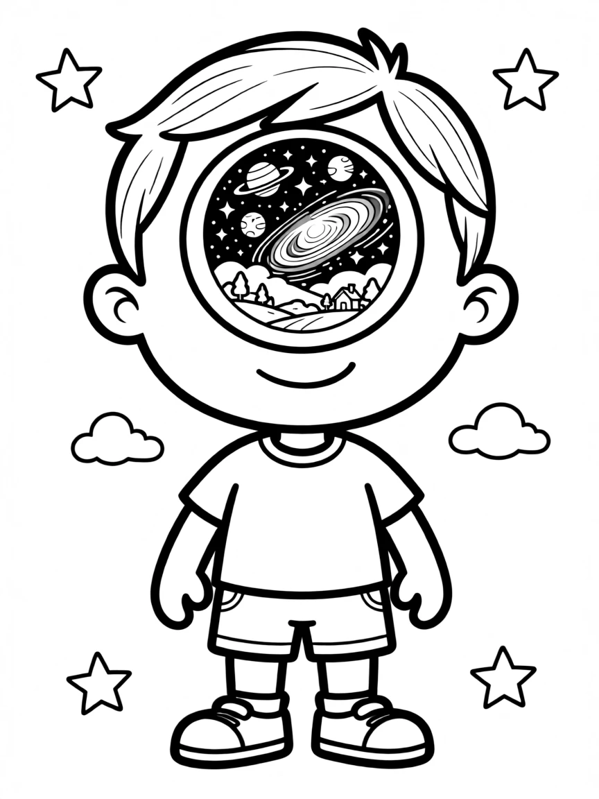A cyclops with a single eye that contains galaxies or landscapes