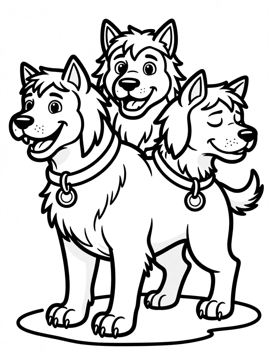 Cerberus with each head showing a different emotion