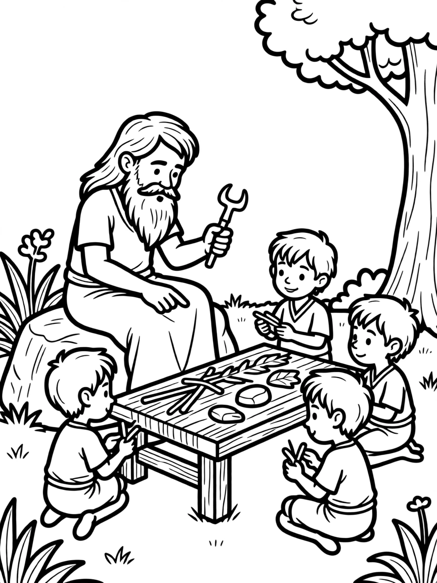 A cyclops elder teaching young ones about crafting