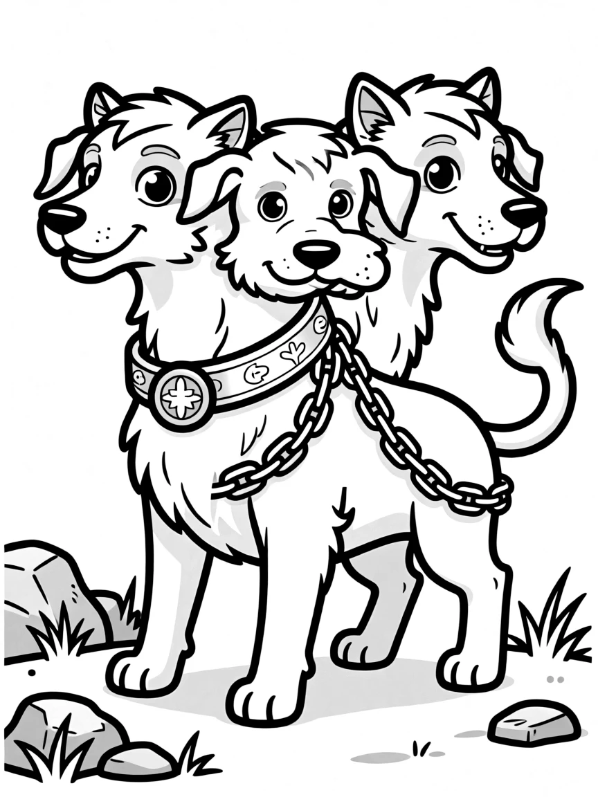 Cerberus with chains and collar showing its role as guardian