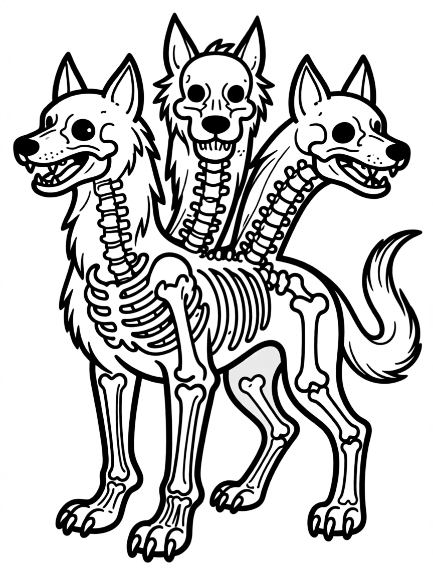 Cerberus with skeletal patterns visible through partial transparency
