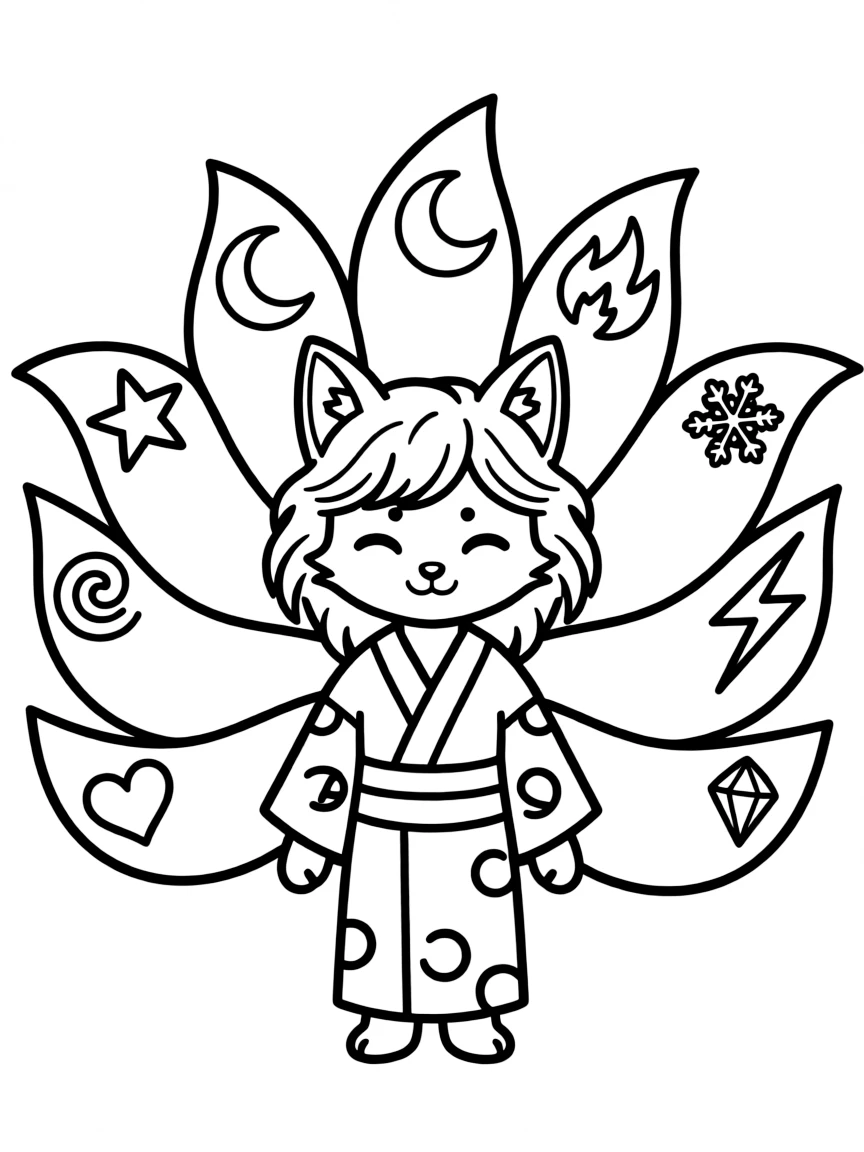 A kitsune with nine tails, each displaying a different magical symbol