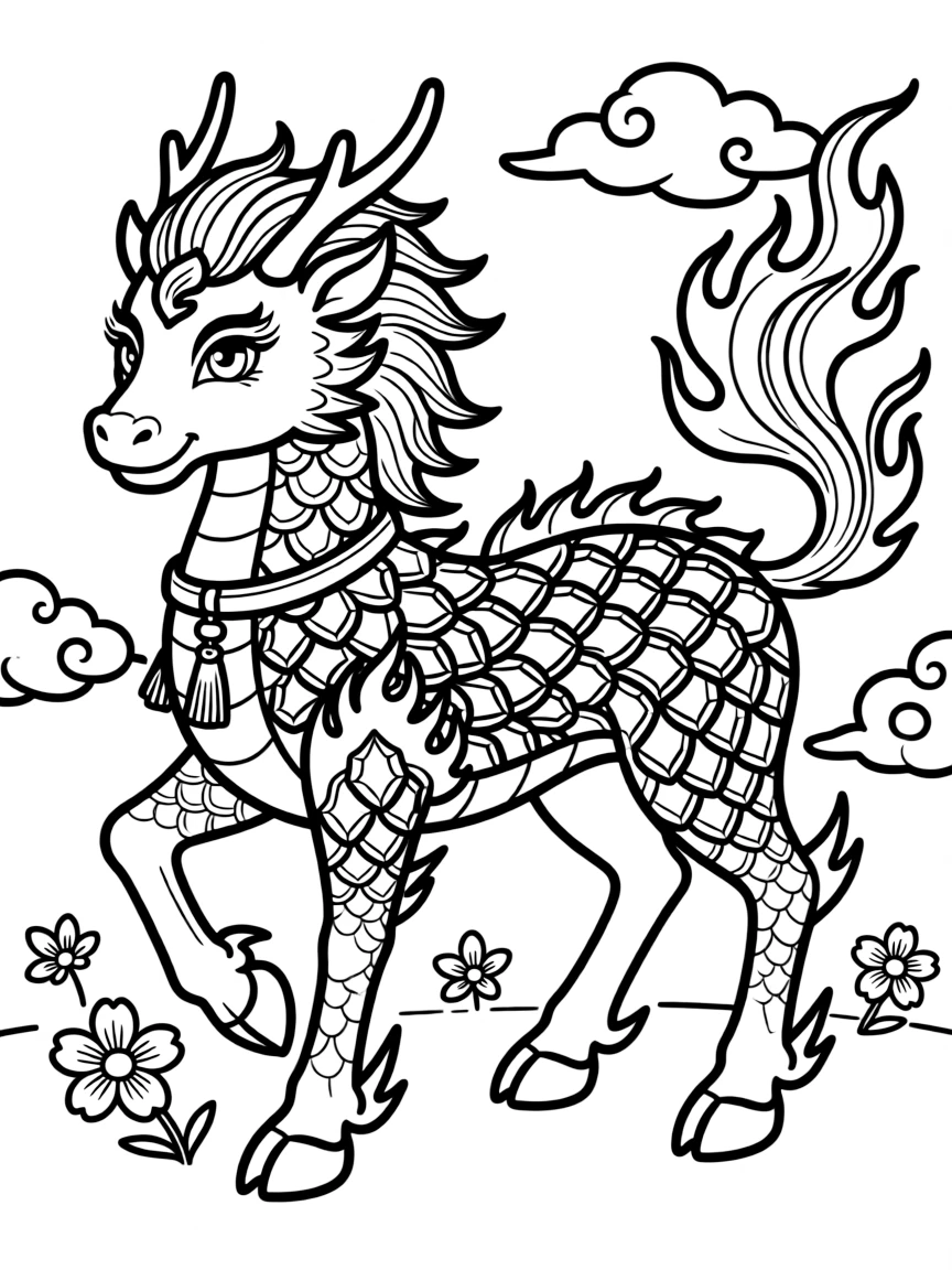 A qilin with scales that look like jewels or fire